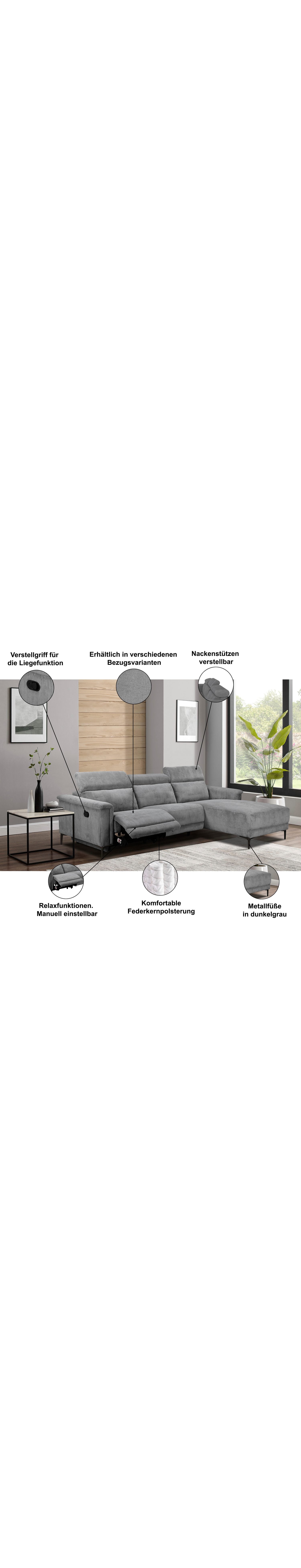 Cord Ecksofa LUND mit ausgeklappter Relaxfunktion