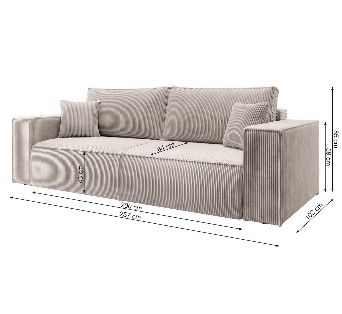 Cord Schlafsofa FARESE NEW in Creme mit ausgezogener Liegeflaeche