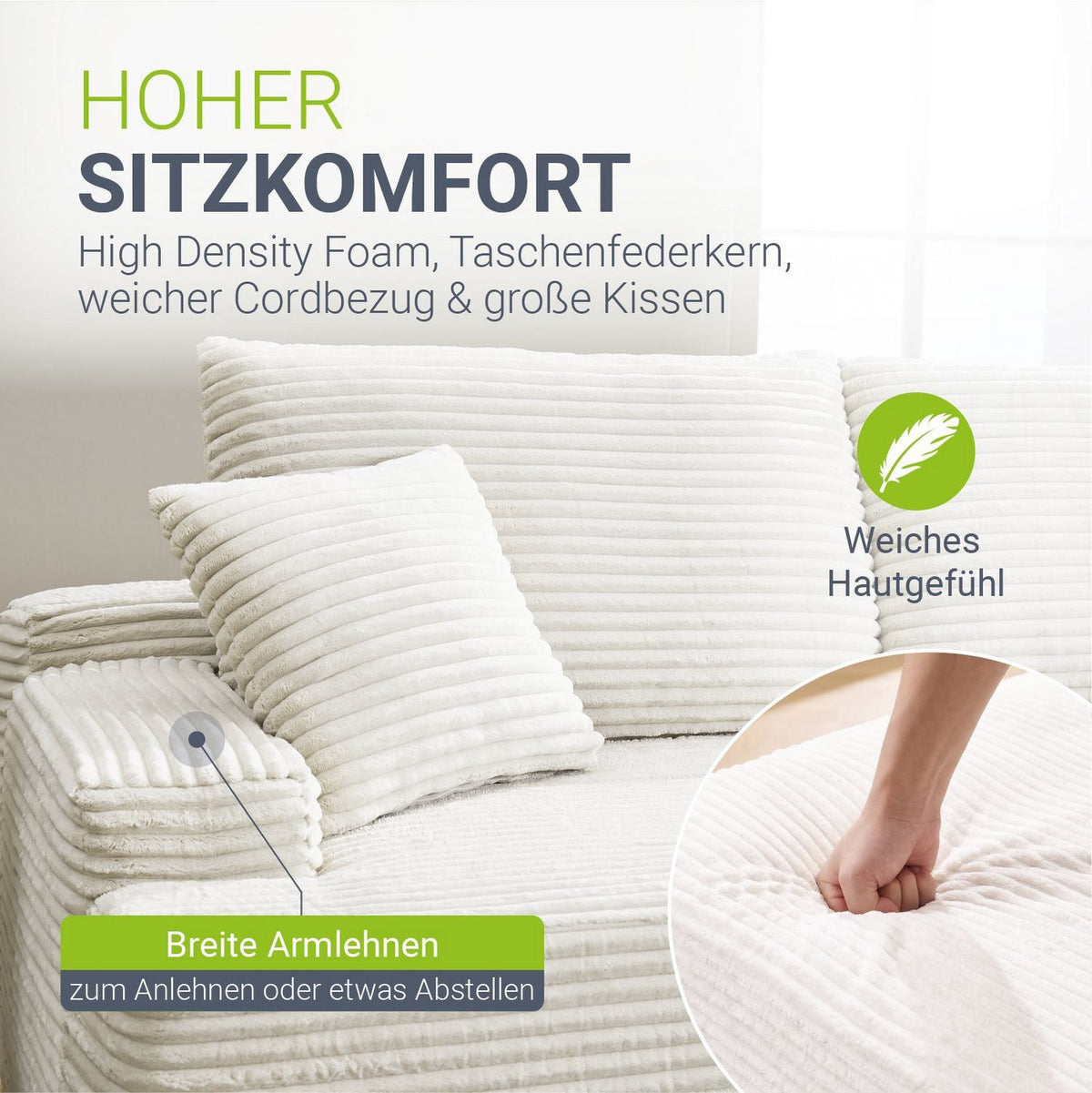 Ottomane des Cord Ecksofas COREDO mit Dekokissen