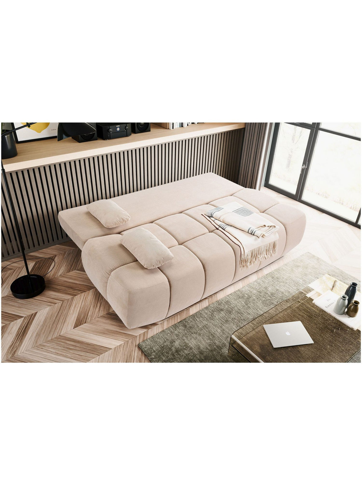 Geöffneter Bettkasten des Cord Schlafsofas LAUDER