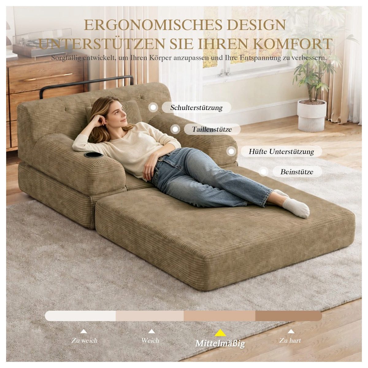 Seitenansicht des Cord Schlafsofas in Khaki