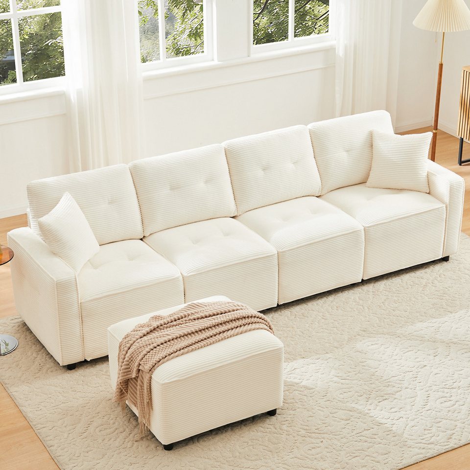 Cord Ecksofa in Beige mit Hocker und Stauraum unter der Sitzfläche
