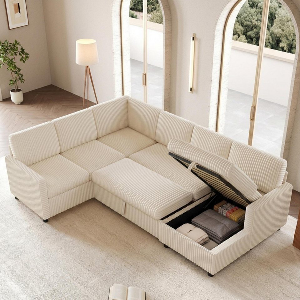Cord Wohnlandschaft in U-Form 274 cm in Beige mit ausziehbarer Liegefläche