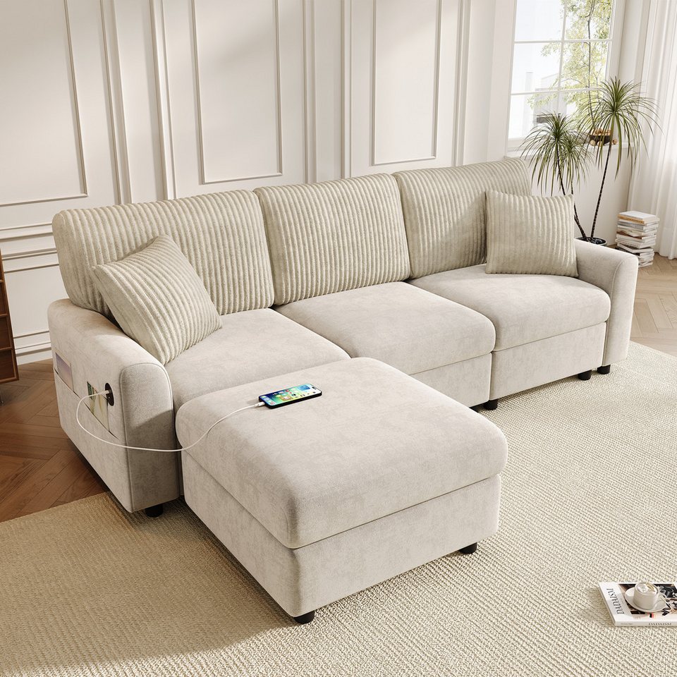 Cord Ecksofa FLIEKS in Beige mit Fußhocker und Zierkissen