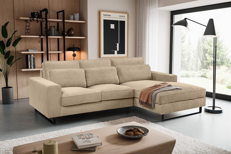 Cord Ecksofa BOLIVIA in Beige mit schwarzem Kufengestell