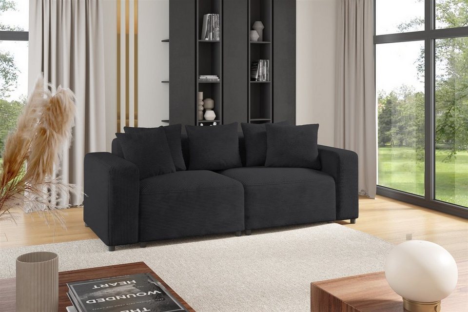 Cord Sofa FUN AROA 2-Sitzer 236 cm in Anthrazit mit Zierkissen