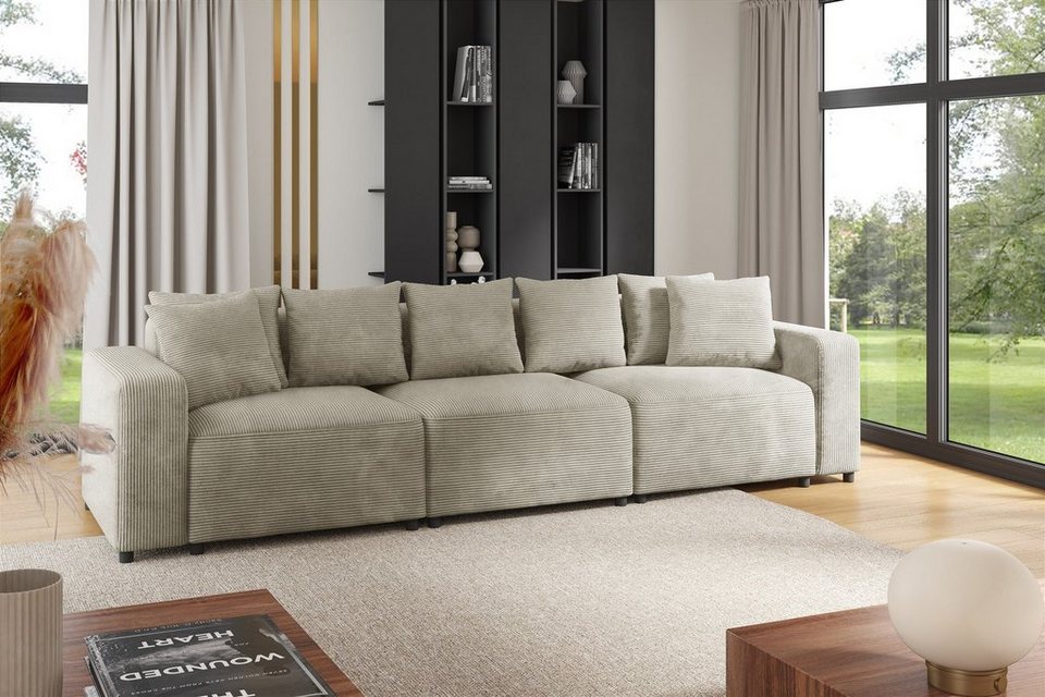 Cord Sofa MEGAN 3-Sitzer in Beige mit sieben Zierkissen