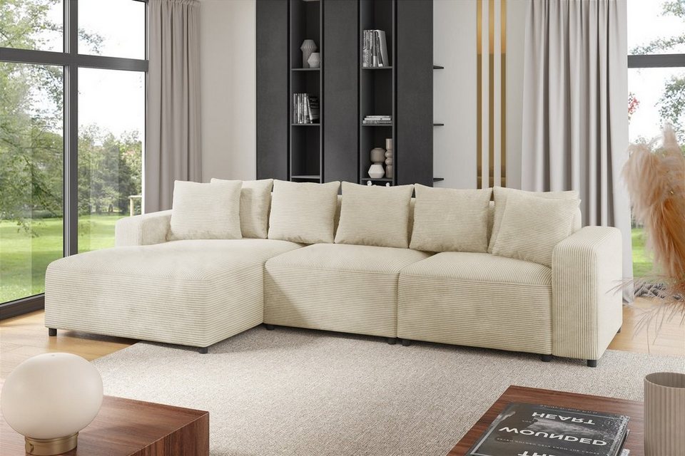 Cord Ecksofa FUN AROA 331 cm in Creme mit Ottomane links