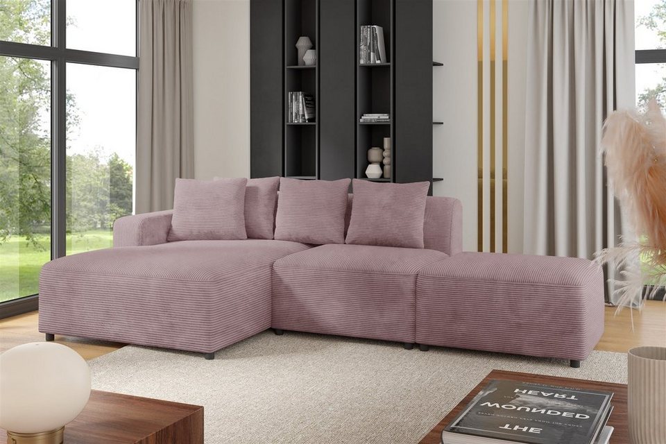 Cord Ecksofa MEGAN XS in Altrosa mit Ottomane und Polsterhocker