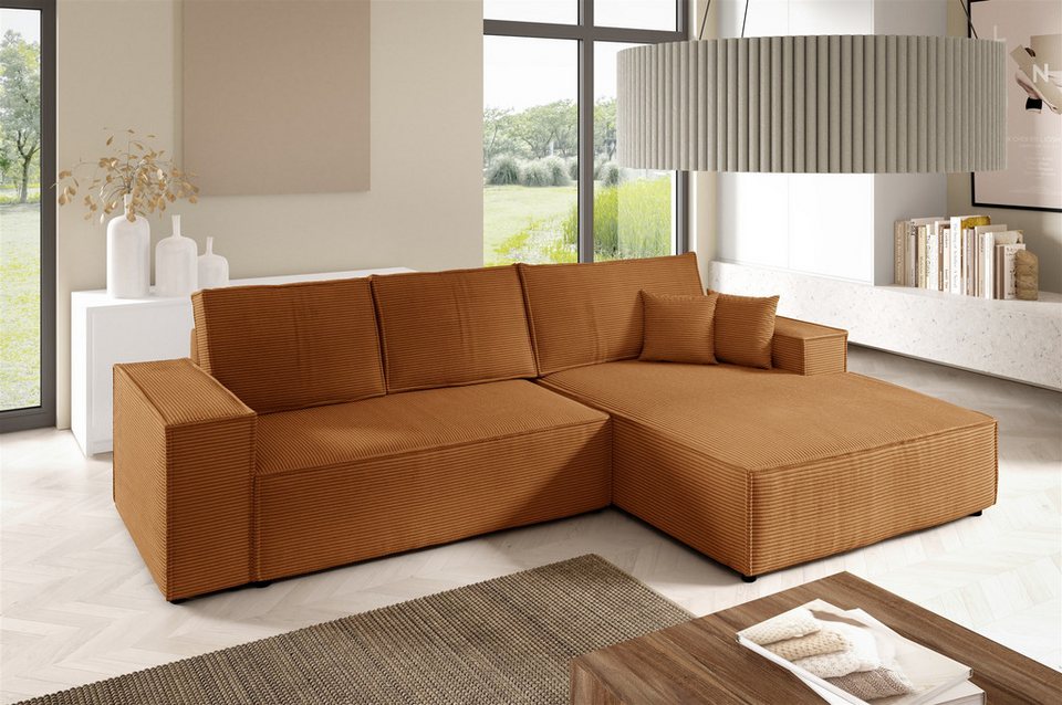 Cord Ecksofa CORUNIA in Rostbraun mit Ottomane und Bettkasten