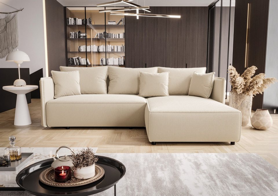 Cord Ecksofa DEKOS in Creme mit Ottomane und Bettkasten