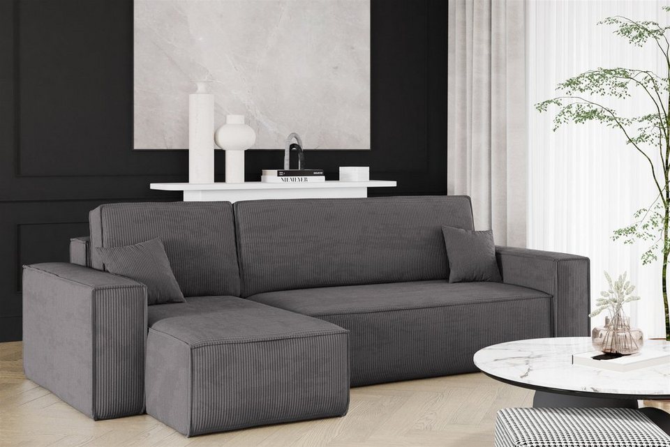 Cord Ecksofa MARIS 244 cm in Anthrazit mit Ottomane