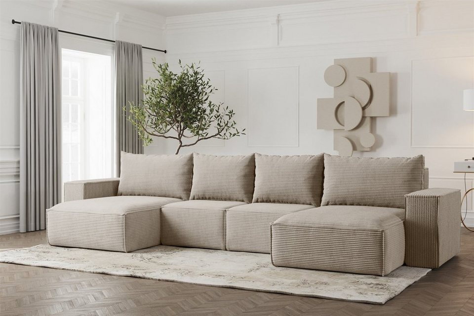 Cord Wohnlandschaft ESTELLE in Beige mit Schlaffunktion und Bettkasten