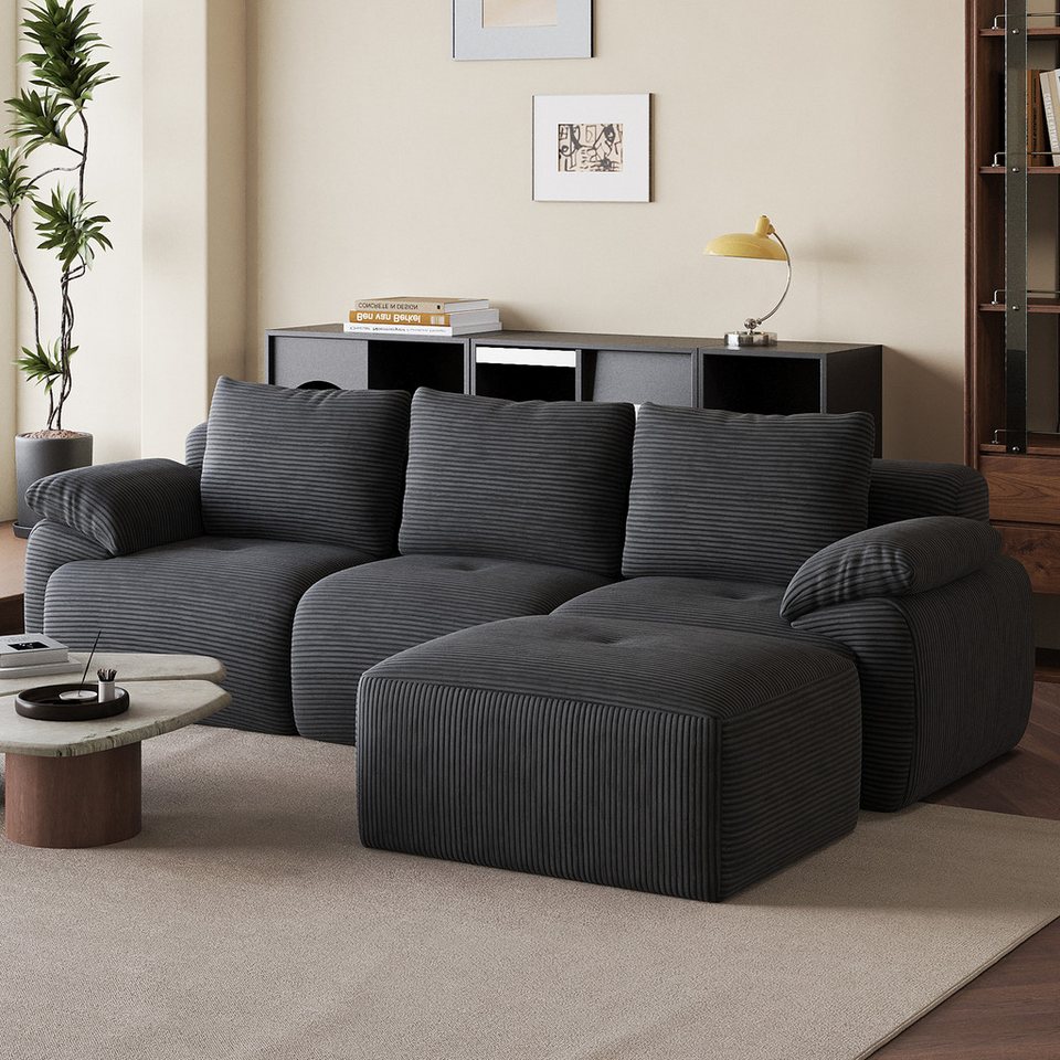 Modulares Cord Ecksofa FUROKOY in Grau mit Fußhocker