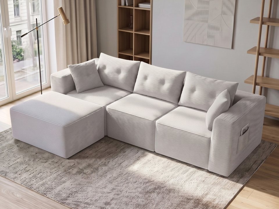 Modulares Cord Ecksofa 254 cm in Grau
