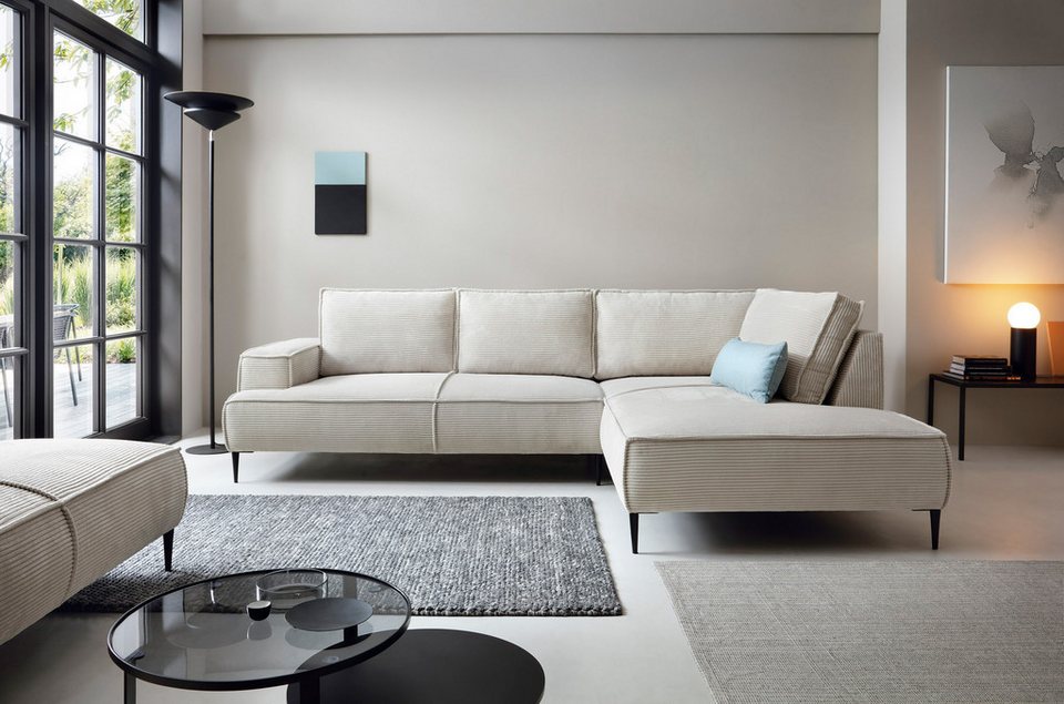 Cord Ecksofa VESPA L in Beige mit Recamiere und Metallfüßen