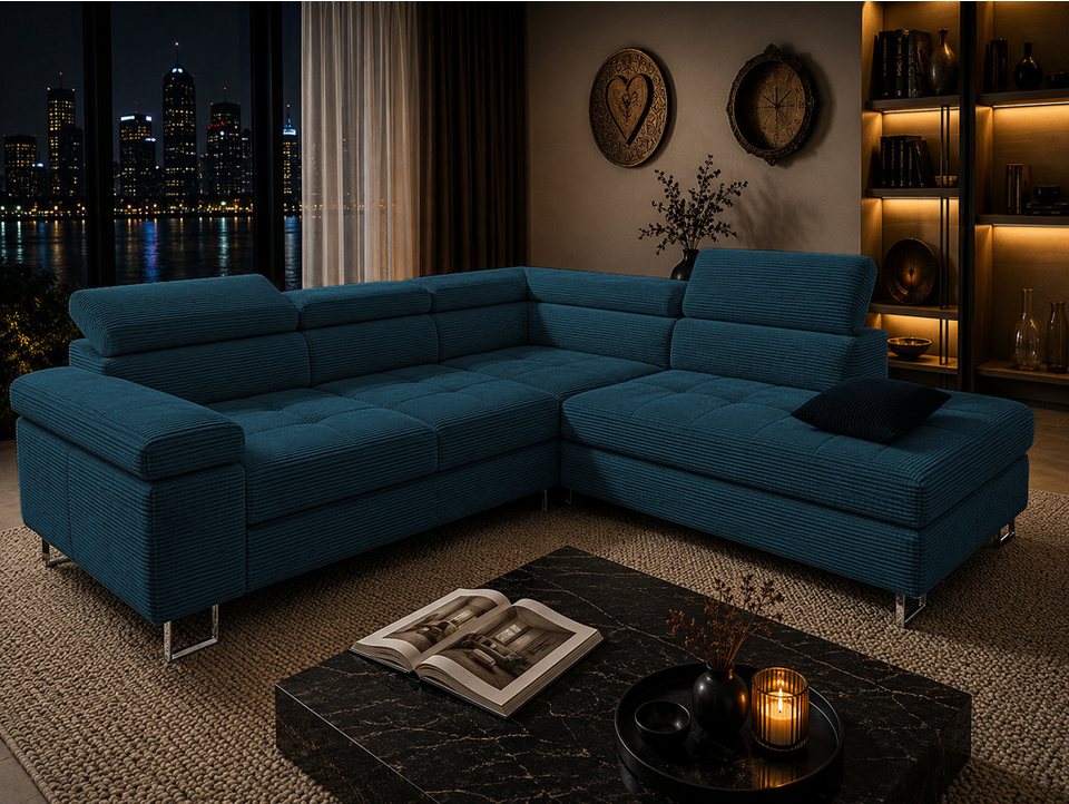 Cord Ecksofa VOYAGE in Dunkelblau mit Schlaffunktion