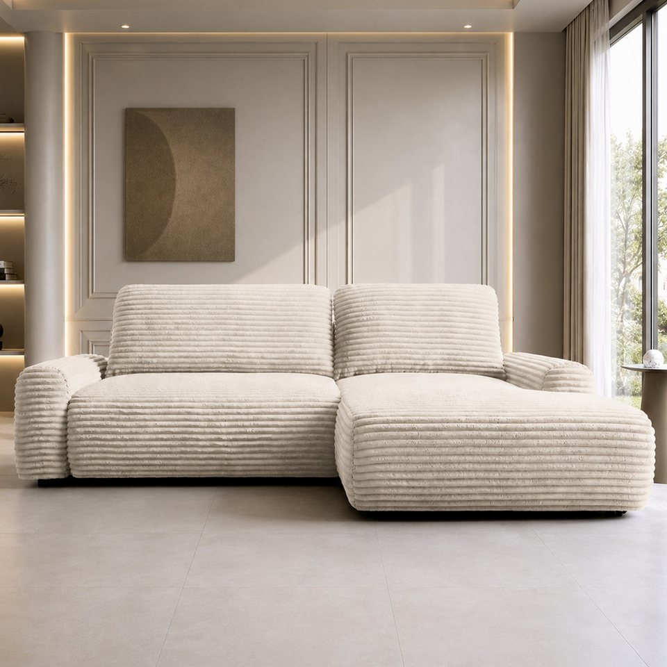 Cord Ecksofa MOUNIR in Taupe mit Schlaffunktion und Bettkasten