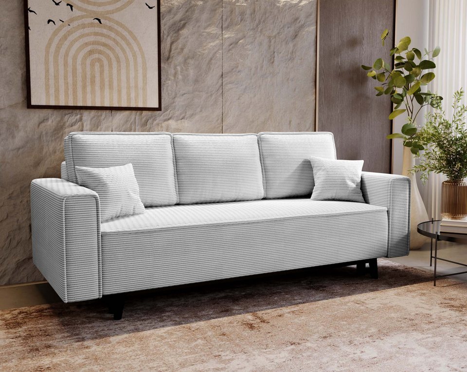 Cord Schlafsofa LUX 225 cm in Grau mit Bettkasten