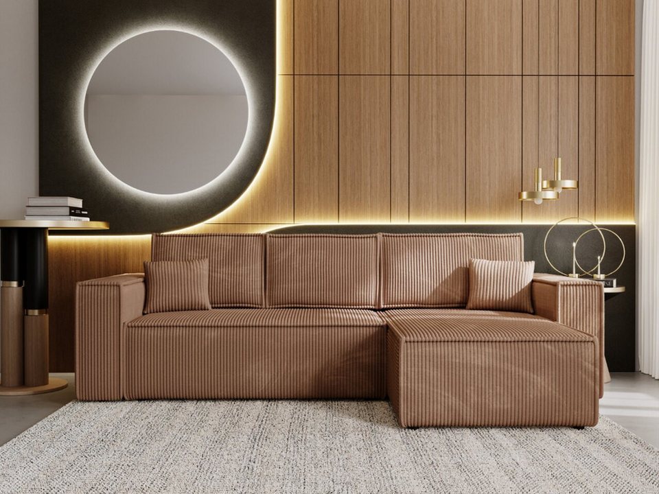 Cord Ecksofa PRATO XL 280 cm in Braun mit Ottomane