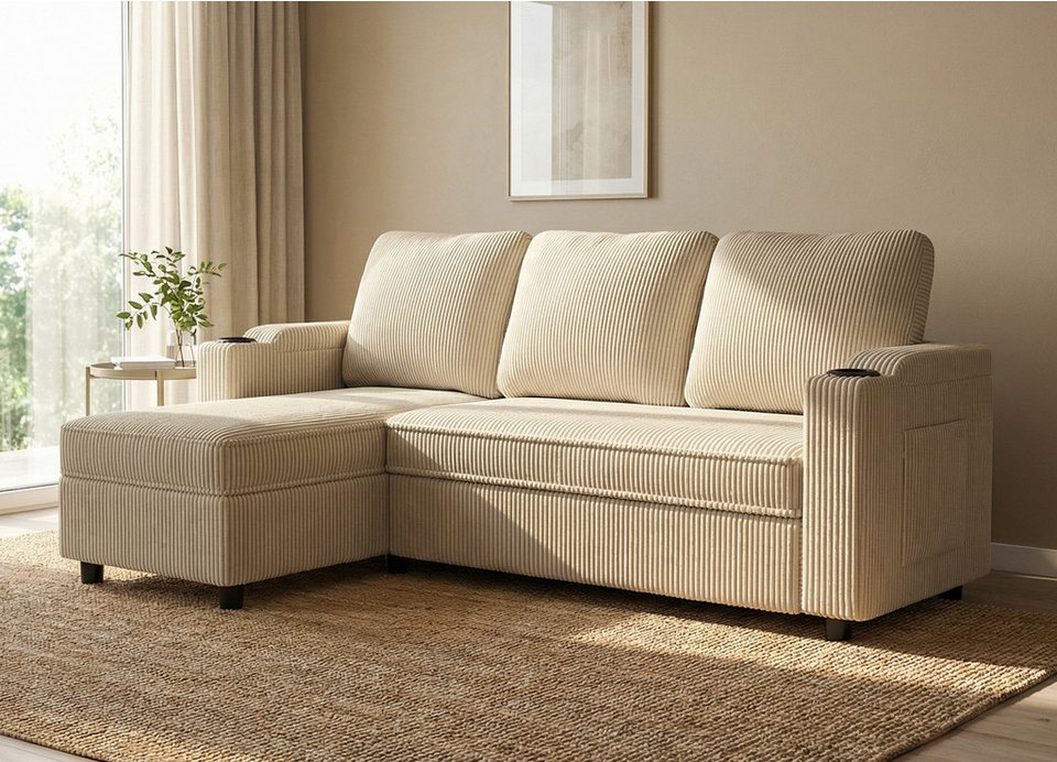 Cord Ecksofa GUNJI in Beige mit Schlaffunktion