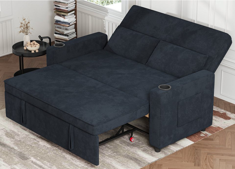 Schwarzes Cord Schlafsofa mit Bettfunktion und Getränkehaltern