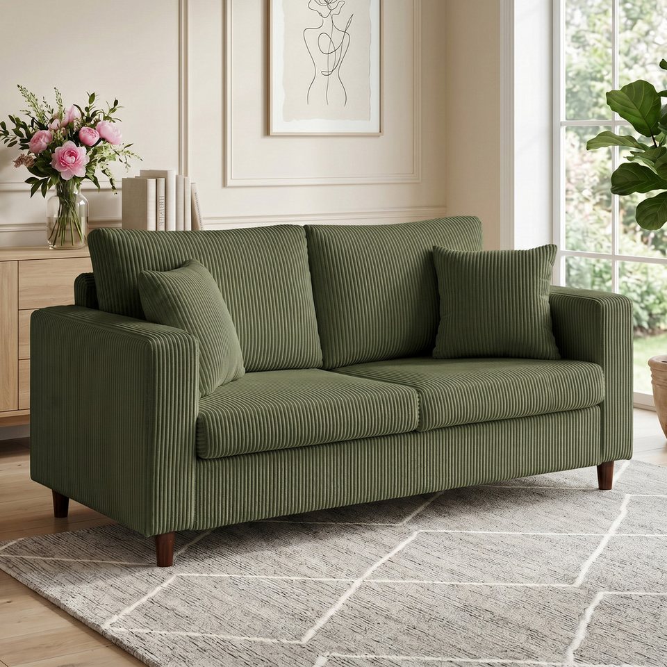 Cord Sofa 170 cm in Grün mit breiten Armlehnen