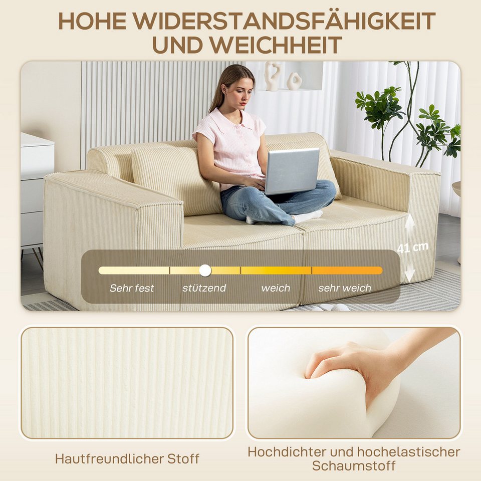 Cord Sofa 202 cm in Beige HOMCOM Sitzfläche mit losen Kissen