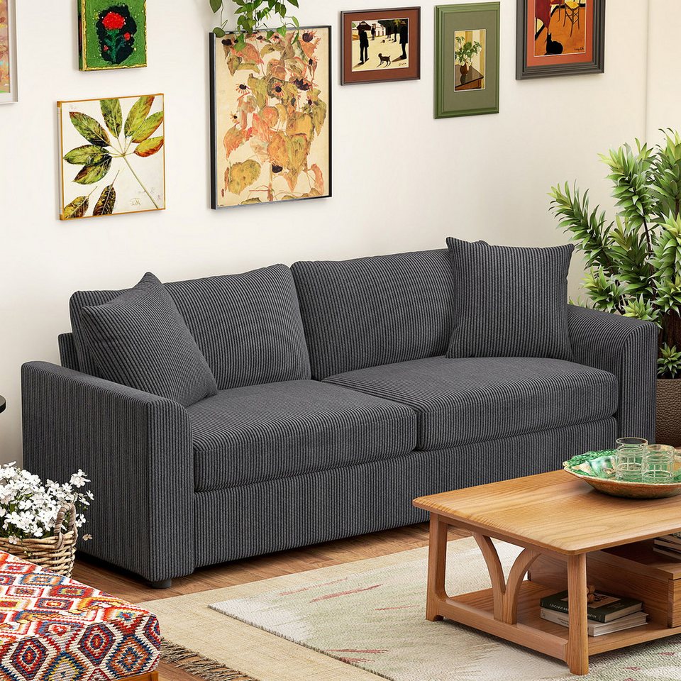 Cord Sofa HOMCOM 3-Sitzer in Dunkelgrau mit Zierkissen