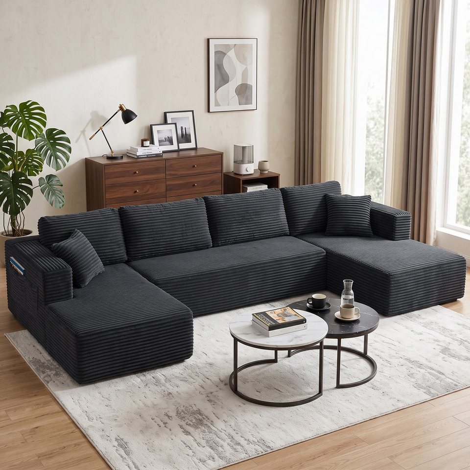 Modulare Cord Wohnlandschaft in U-Form in Dunkelgrau