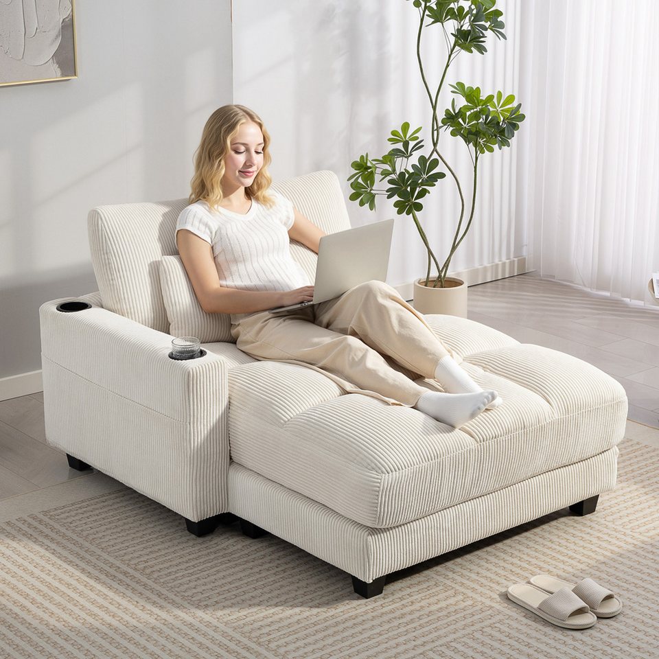 Cord Schlafsofa in Cremeweiß mit Becherhaltern