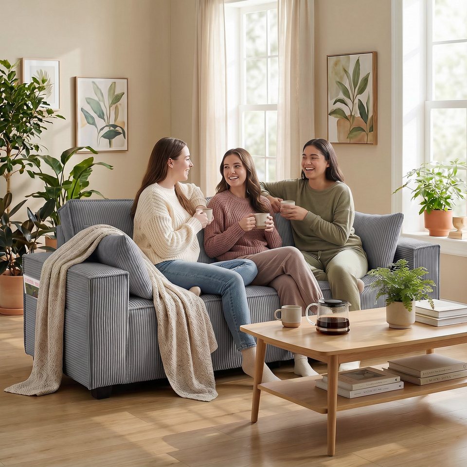 Cord Sofa 3-Sitzer in Hellgrau mit breiten Armlehnen
