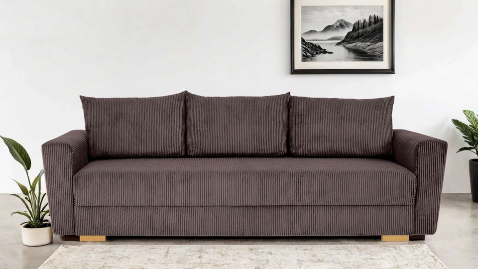 Cord Schlafsofa MAGHERA 230 cm in Braun mit schwarzen Holzfuessen