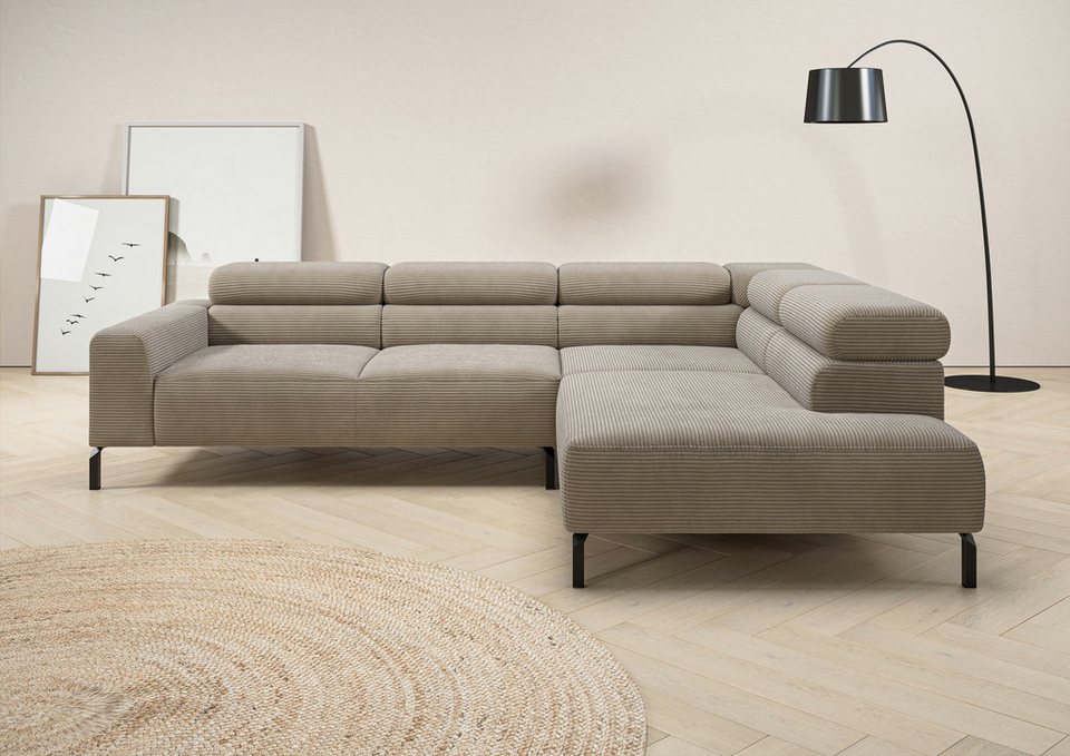 Cord Ecksofa ANTONELLI 276 cm in Taupe mit Ottomane rechts