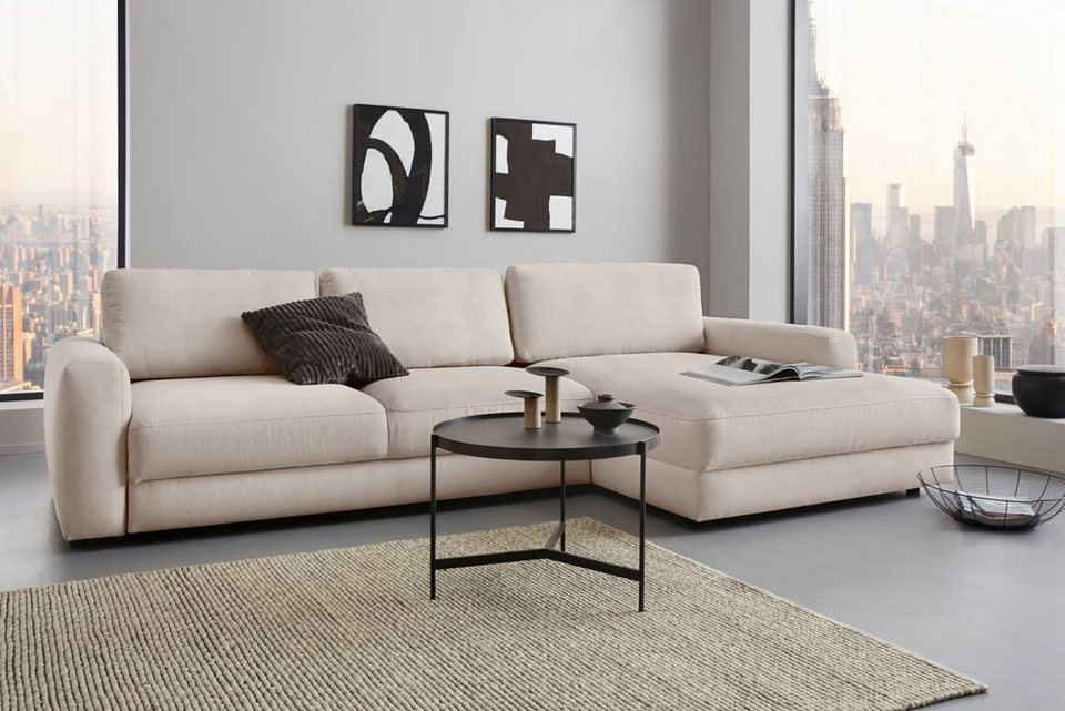 Cord Ecksofa BLOOMFIELD in Beige mit mega-Recamiere rechts