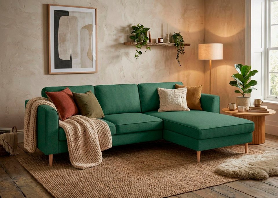 Cord Ecksofa BOOSTER in Dunkelgrün mit Recamiere und Bettkasten