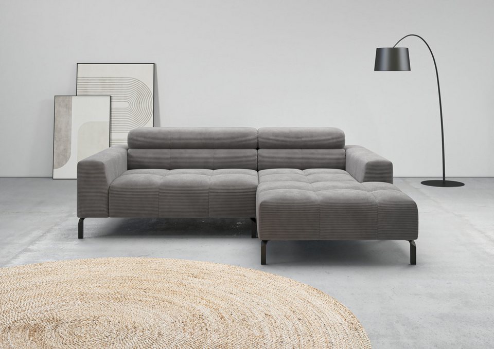 Cord Ecksofa CLAYA 223 cm in Dunkelgrau in L-Form mit Kopfteilverstellung