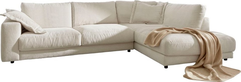 Cord Ecksofa ENISA XXL in Weiß mit Recamiere und Zierkissen