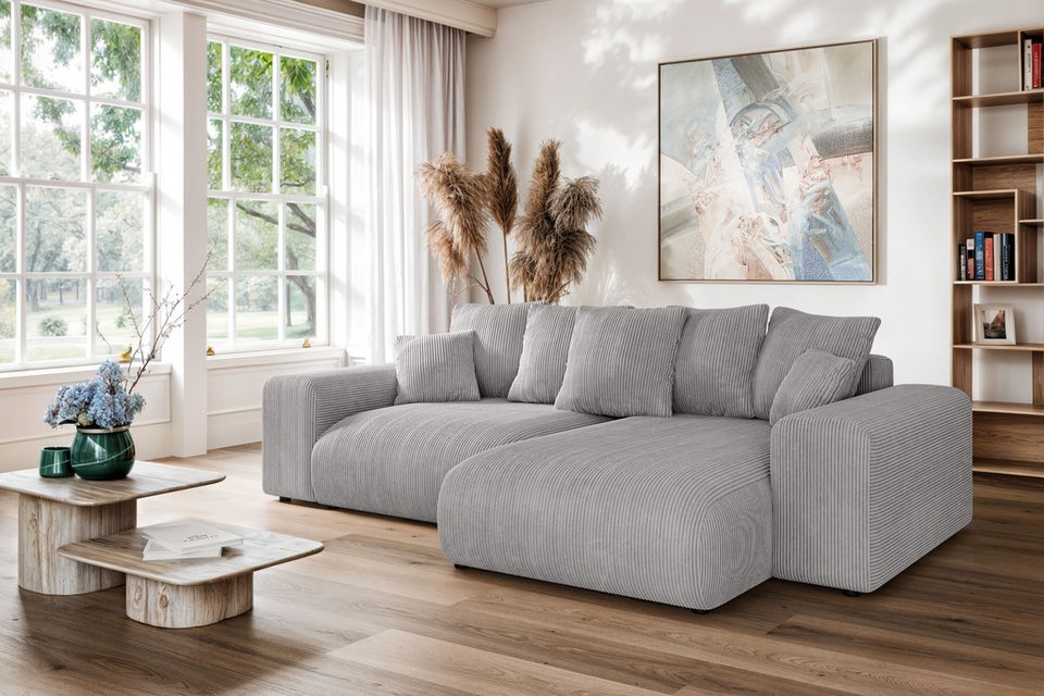 Cord Ecksofa LAKESIDE in Hellgrau mit Recamiere und Bettkasten