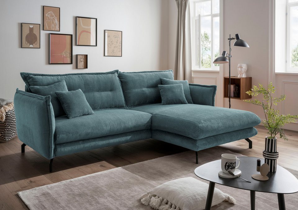 Cord Ecksofa LAVA in Petrol mit Recamiere rechts