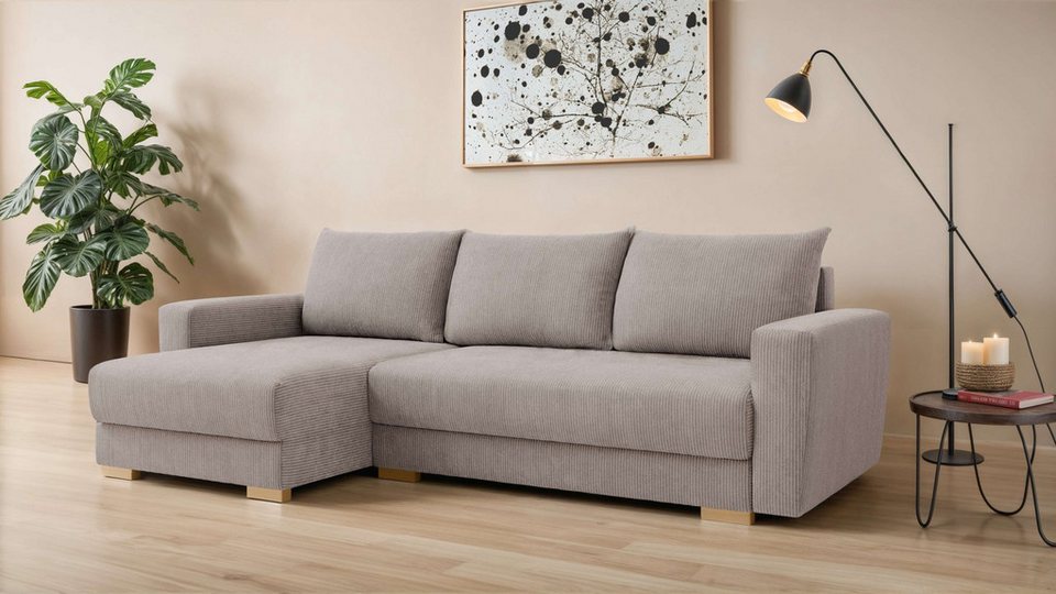 Cord Ecksofa MAGHERA in Beige mit Recamiere und Bettkasten