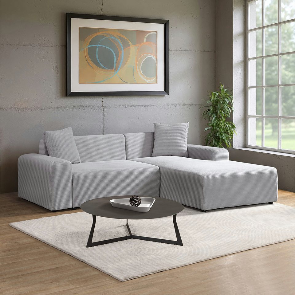 Cord Ecksofa AMELIO in Grau mit Ottomane und 240 cm Breite