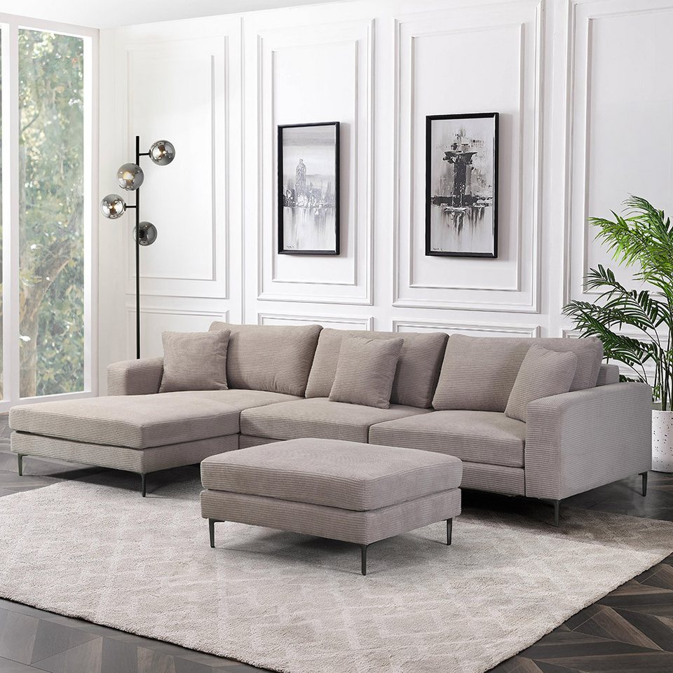 Cord Ecksofa BELLANO in Beige in L-Form mit Ottomane und Hocker