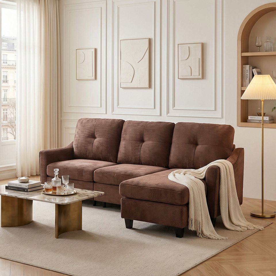 Cord Ecksofa 196 cm in Braun mit Hocker