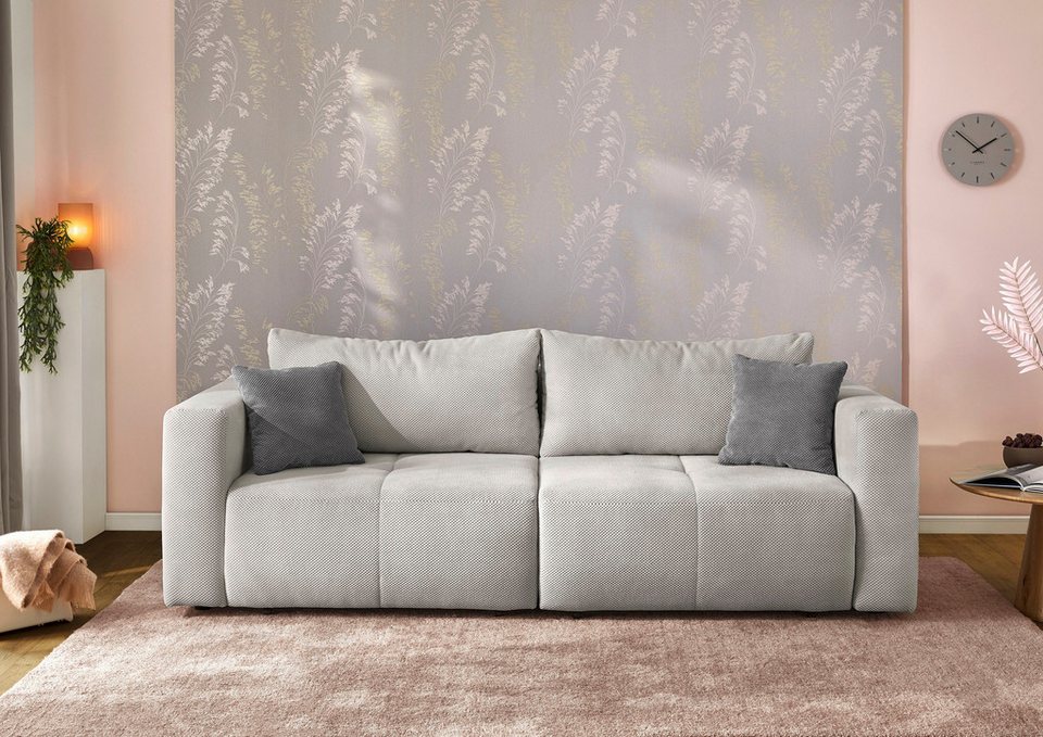 Big Sofa Cord 243 cm in Beige mit Schlaffunktion und Bettkasten