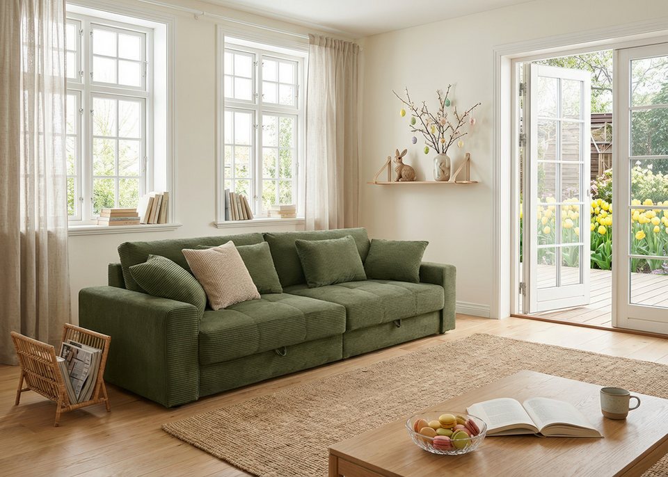 Cord Big-Sofa SPACE XL in Grün mit Bettkasten