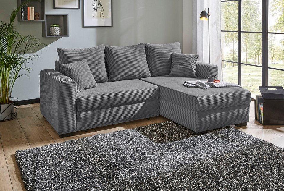 Cord Ecksofa ELMAU in Grau mit Schlaffunktion und Bettkasten