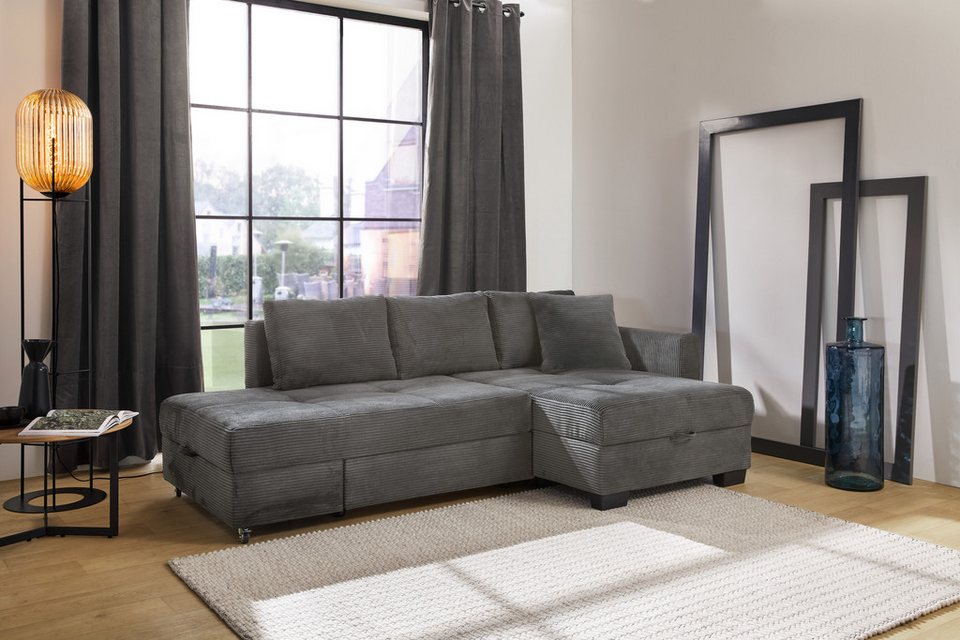 Cord Ecksofa FANTASY in Grau mit Dreh-Schwenk-Ottomane