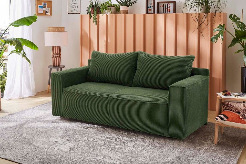 Cord Schlafsofa RON in Grün mit Bettkasten