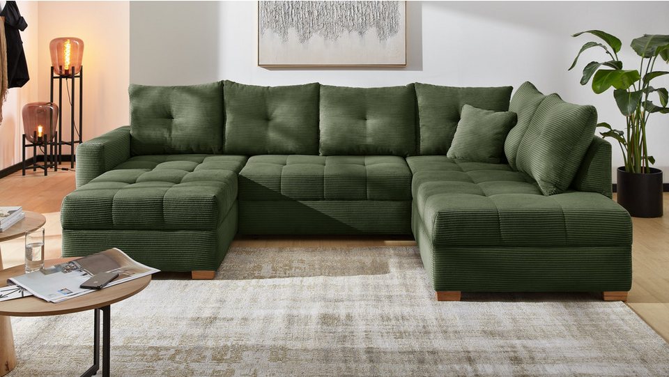 Cord Wohnlandschaft ABBY in U-Form 313 cm in Grün mit Eichenholzfüßen